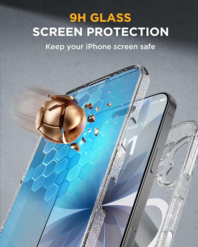 Miracase for iPhone 17 Case 6.3'', Full-Body Military Drop Protection Outdoor Phone case with Built-in Glass Screen &Camera Control,Easy Installation,No Gap,Compatible with MagSafe,Clear Glitter
