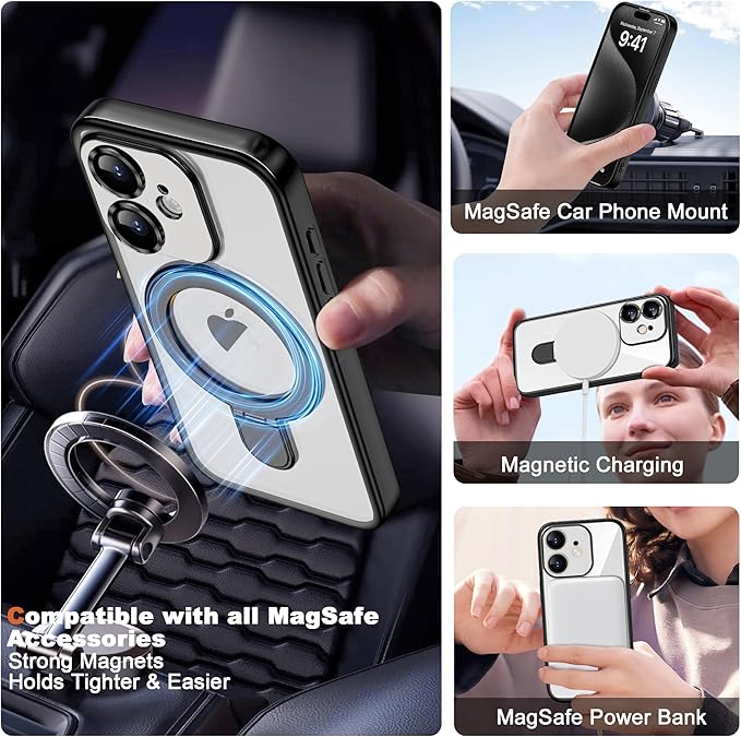Compatible with iPhone 12 Case with Invisible Magnetic Ring Stand [Compatible with Mag-Safe] [Full Camera Lens Protector] Plating Clear Phone Case for iPhone 12 6.1", Black