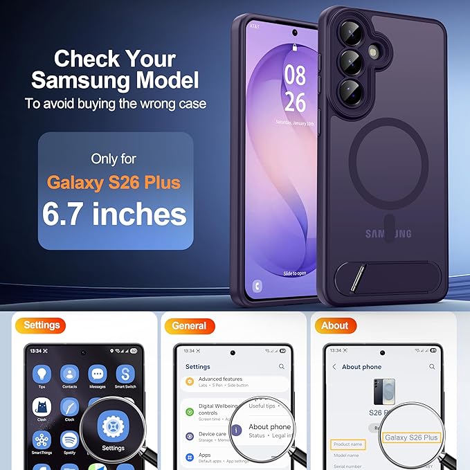 Magnetic for Samsung Galaxy S26+ Plus Case, [Compatible with MagSafe][Full Camera Protection][Built-in Invisible Kickstand] Translucent Matte Phone Case for S26 Plus 6.7" - Purple