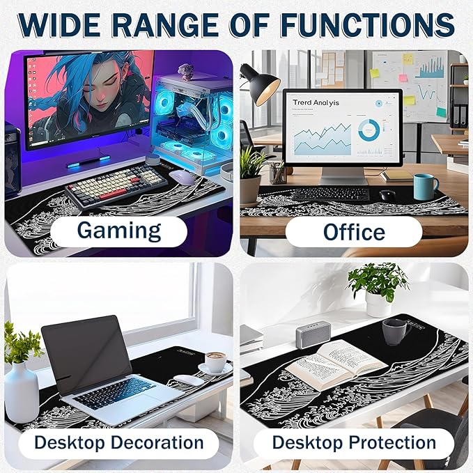 Gaming Mouse Pad - (31.5"×11.8") Kanagawa Waves Large Mouse Pads for Desk - Desk Mat for Keyboard and Mouse with Non-Slip Base, Desks Pad Matfor Game/Office & Home
