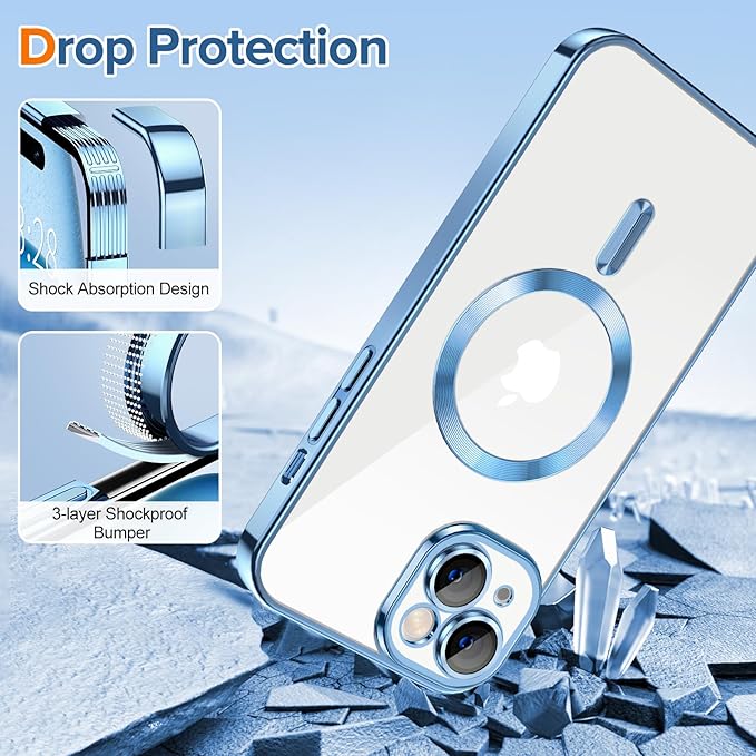 Hython Magnetic Clear for iPhone 15 Case with Camera Lens Protector [Compatible with MagSafe] Luxury Plating Edge Slim Soft TPU Cover Protective Phone Case for iPhone 15 6.1", Light Blue