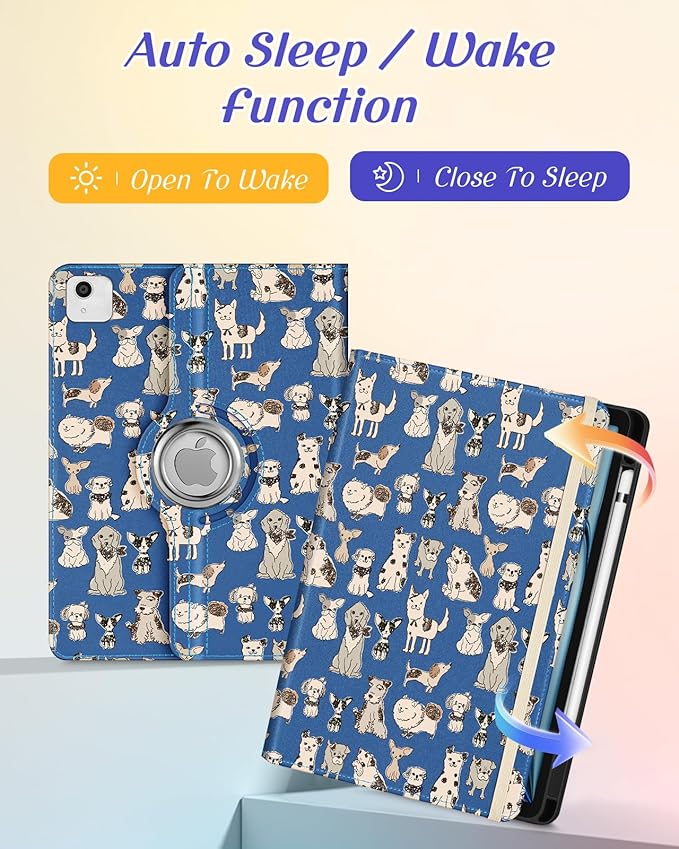Kidcube for iPad Air 11 Inch Case M3/M2, Air 5th/4th Generation Cases 10.9'', Pro 11'' 2020 - Women Girls Kids Aesthetic Cute Rotating Stand Folio Cover with Pencil Holder & Card Slot Cool Dogs