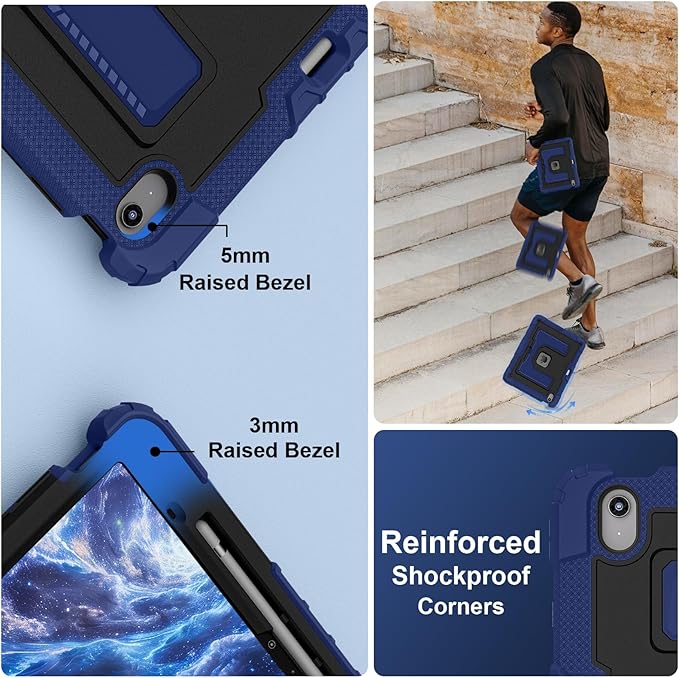 Kids Friendly Case for iPad Air 13 Inch M4 M3 M2 2026/2025/2024 Case with Pencil Holder & Shoulder Strap, Military Grade Shockproof Kickstand Hard Shell Protective Cover,Blue+Black