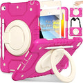 Andnary Case for iPad 9th/8th/7th Generation 10.2 inch, Shockproof Cover with Screen Protector/360° Rotating Handle/Bracket/Pen Holder/Shoulder Strap, Kid Case for iPad 2021/2020/2019 (Rose Red+White)