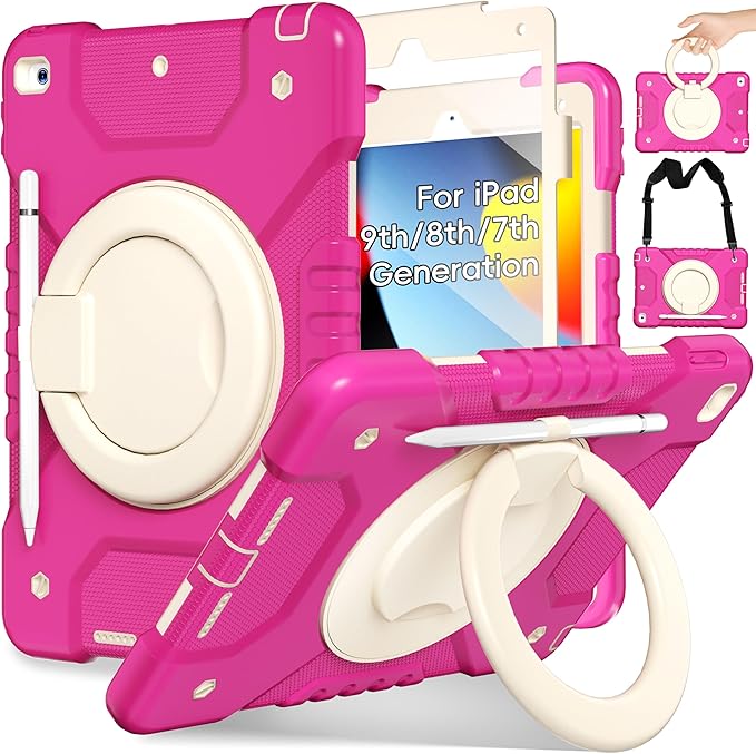 Andnary Case for iPad 9th/8th/7th Generation 10.2 inch, Shockproof Cover with Screen Protector/360° Rotating Handle/Bracket/Pen Holder/Shoulder Strap, Kid Case for iPad 2021/2020/2019 (Rose Red+White)