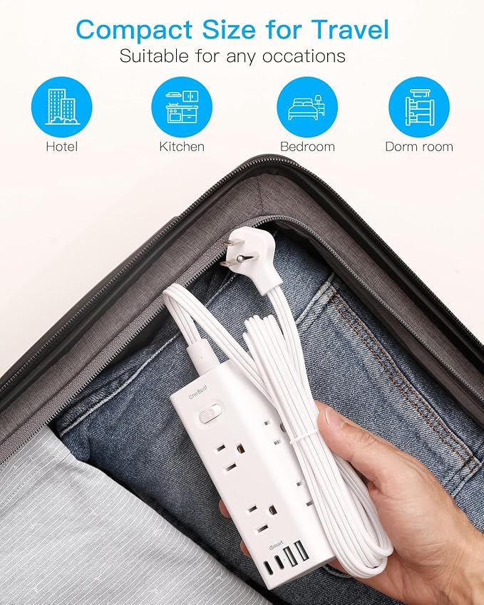 5Ft Extension Cord with Multiple Outlets, Flat Plug Power Strip Surge Protector with 5 Ft Long Cord, 6 Outlet 3 USB Ports (1 USB C), Multi Outlet Wall Plug for Travel, College, Dorm Room Essentials