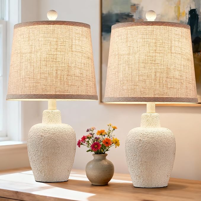 Table Lamps for Bedroom Set of 2 Farmhouse Table Lamps for Living Room 21" Rustic Cottage Jar-Shaped Bedside Lamp for Nightstand with Natural Beige Finish,Bulbs Not Included