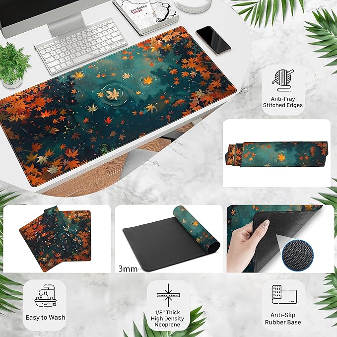 Maple Leaves Desk Mat Gaming Mouse Pad Large, Extended Desk Pad Full Desk Cover Mat, Fall Leaves Laptop Keyboard Pad, Computer Desktop Mat XXL, Aesthetic Fall Desk Accessories 31.5x15.7 Inch