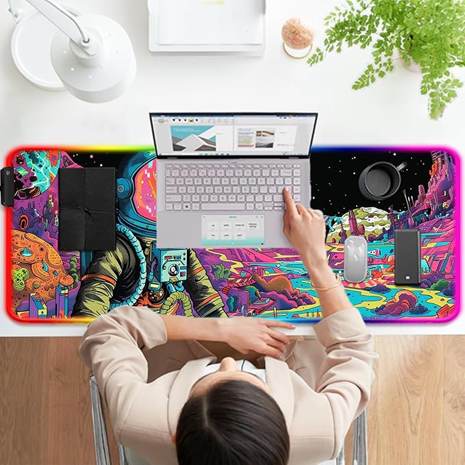 RGB Fantasy Planet Space Gaming Desk Mat, Computer Keyboard Large Extended Astronaut LED Mouse Pad for Office and Home, 31.5×11.8 Inches, XL