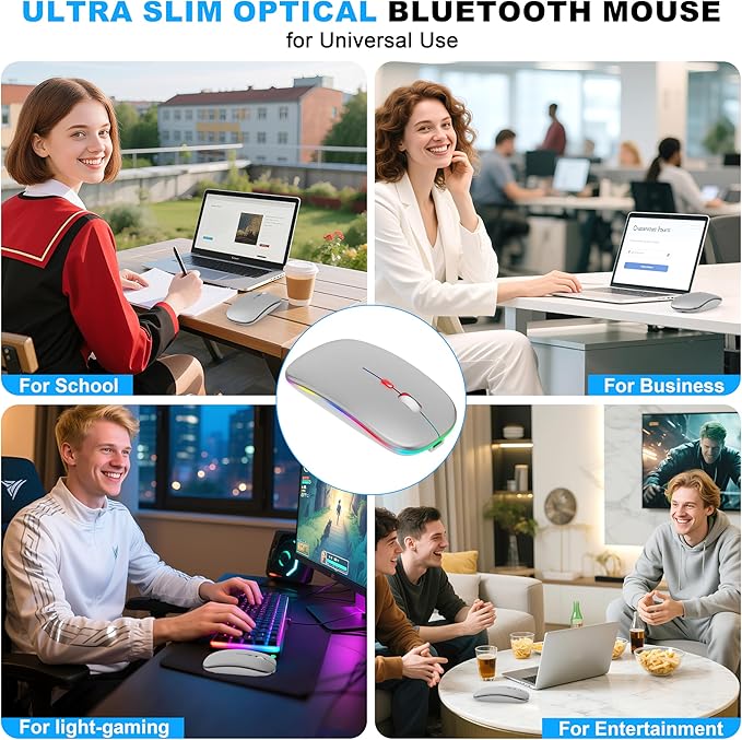 Bluetooth Wireless Mouse, Slim LED Rechargeable Silent Mouse with 2.4GHz USB-A/USB-C Receiver & Type-C Adapter, Compatible with Laptop, MacBook, iPad, iPad Pro,Mac,Tablet – Grey