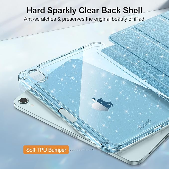 Fintie Slim Case for iPad Mini 7 (A17 Pro, 7th Generation) 2024 / iPad Mini 6 (6th Gen) 8.3 Inch - [Built-in Pencil Holder] Glittering Sparkly Shockproof Cover w/Shiny Clear Back Shell, Blue