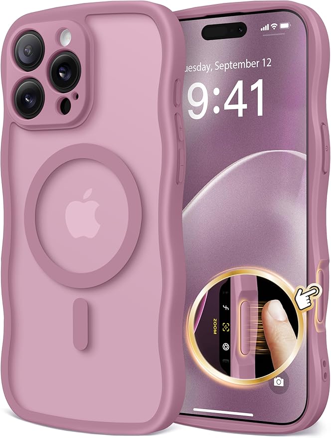 CAPRARO for iPhone 16 Pro Max Case for Women Girls, Upgraded [Full Camera Protection] [Compatible with MagSafe] Cute Wave Translucent Matte Phone Case for iPhone 16 Pro Max, Black Currant