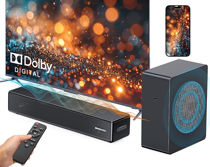 GEOYEAO 2.1 ch Soundbar with subwoofer, Dolby Digital 100W Sound Bars TV Speaker Home Theater Audio Surround Sound System, HDMI eARC/Bluetooth/DSP/Remote Control External Speakers for Smart TVs