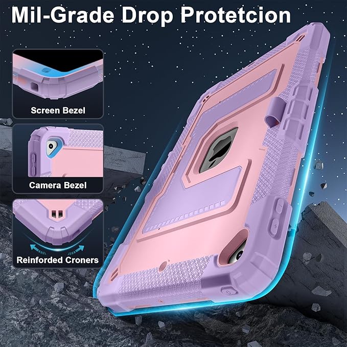 Kids Friendly Case for Apple iPad 10.2" 9th 8th 7th Generation 2021/2020/2019 Case with Pencil Holder & Shoulder Strap, Military Grade Shockproof Kickstand Hard Shell Protective Cover,Pink+Purple