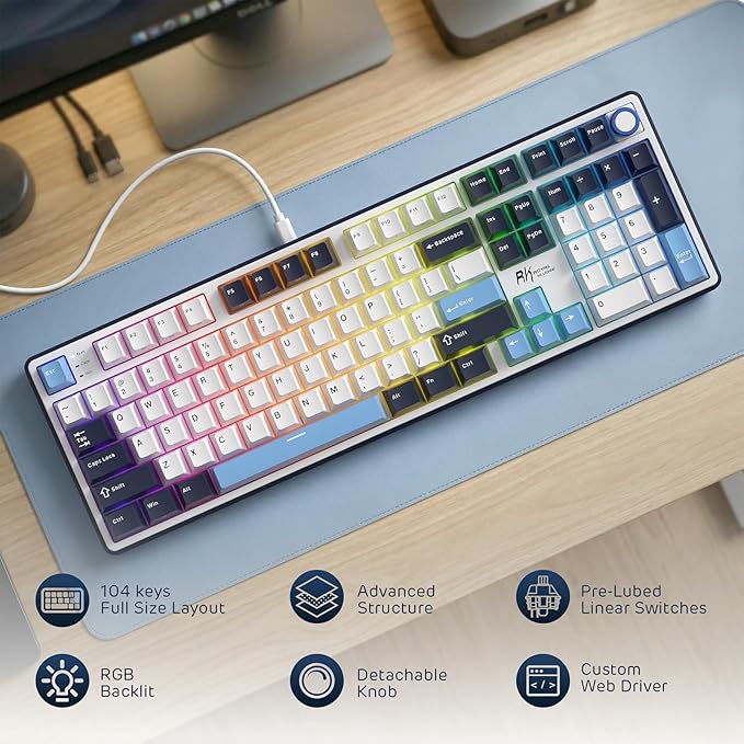RK ROYAL KLUDGE X104 Full Size Mechanical Keyboard, Wired Creamy Gaming Keyboard with Number Pad and Knob,104 Keys Computer Keyboard Linear Switch,RGB Backlit,Online Software for Wins/Mac