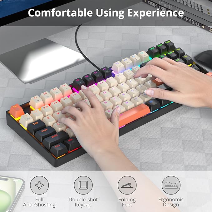 75% Mechanical Gaming Keyboard with Red Switch, RGB LED Backlit Keyboard Orange, 87 Keys Compact TKL Wired Computer Keyboard for Windows Laptop PC Gamer (87 Carbon)