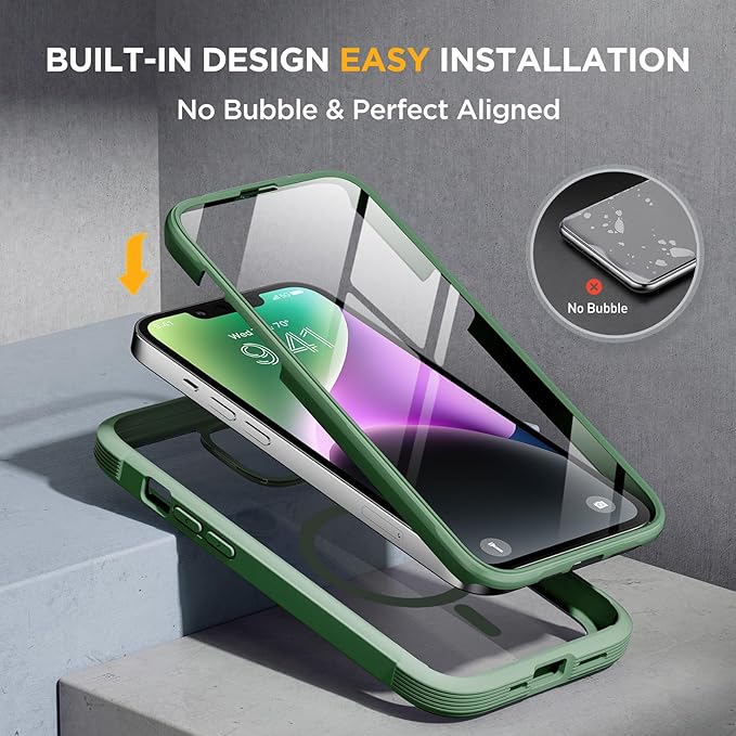Miracase Glass Series Designed for iPhone 14 Plus Case 6.7 inch, 2023 Upgrade Full-Body Magnetic Clear Case with Built-in 9H Tempered Glass Screen Protector,Compatible with MagSafe,Green