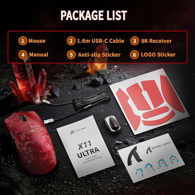 ATTACK SHARK X11Ultra 8K Carbon Fiber Wireless Gaming Mouse,Nordic 54L15 MCU,PAW3950MAX Sensor,59g Superlight,42000 DPI,BT/2.4Ghz/Wired Mouse with 100 Million Clicks,Programmable for Pc/Mac,Red pro