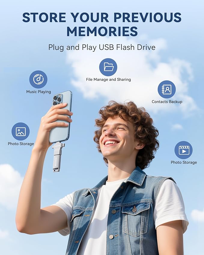 MFi Certified Photo Stick 128GB USB Flash Drive for iPhone, 4 in 1 External Memory Thumb Drive for Picture Video Saver and Backup, High Speed Memory Stick USB Drive for iPhone/iPad/Android/PC (Silver)