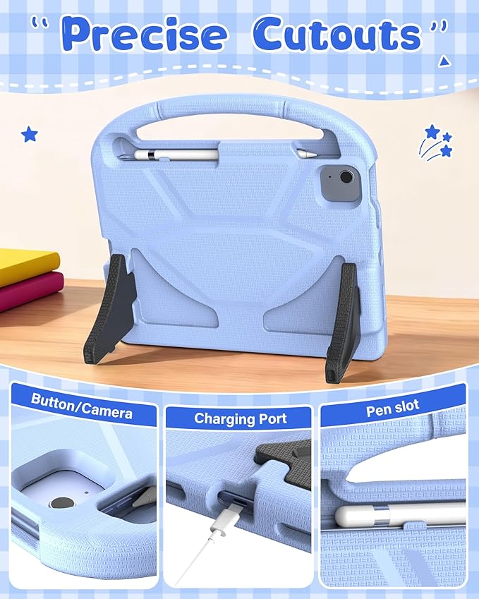 Kids Case for iPad A16 11th Gen 11-Inch 2025 & iPad 10th Generation (10.9" 2022), Durable Shockproof Fully-Body Cover with Screen Protector/Pencil Holder/Stand/Handle for Kids, Light Blue