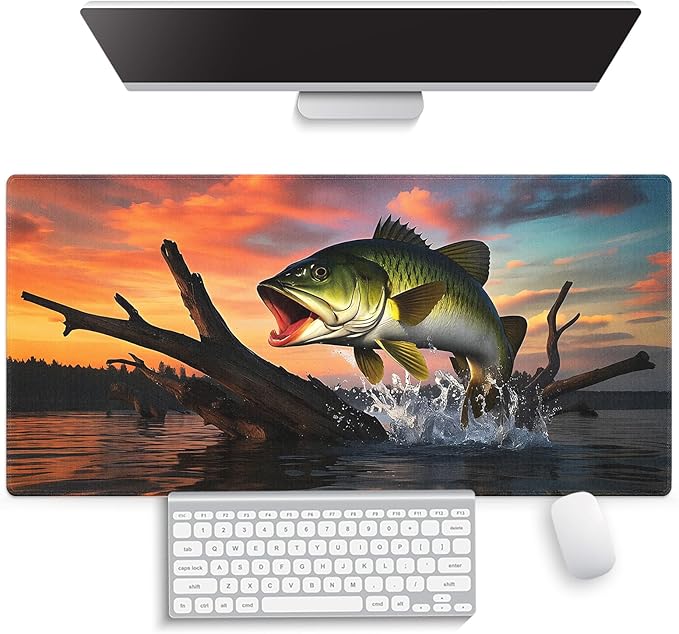 Large Gaming Mouse Pad (31.5" x 15.8") - Large Mouth Bass Fish Fishing Lake Scene At Sunset, Extra XXL Extended Office Accessories, Premium Stitched Anti-Slip Desk Mat