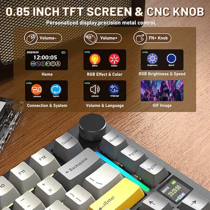 A.JAZZ Attack Shark X820Ultra 75% Wireless Mechanical Gaming Keyboard and Coiled Cable Hot Swappable 2.4GHz/Bluetooth/Wired Keyboard with Screen & Knob RGB Backlit Gasket Mount Gift Switch-Starblack