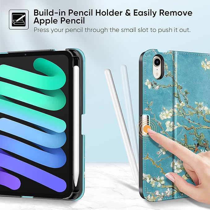 Fintie Folio Case for iPad Mini 7 (A17 Pro, 7th Generation) 2024 / iPad Mini 6 (6th Gen) 8.3 Inch, Multi-Angle Smart Stand Cover with Pencil Holder & Pocket, Auto Sleep/Wake, Blossom