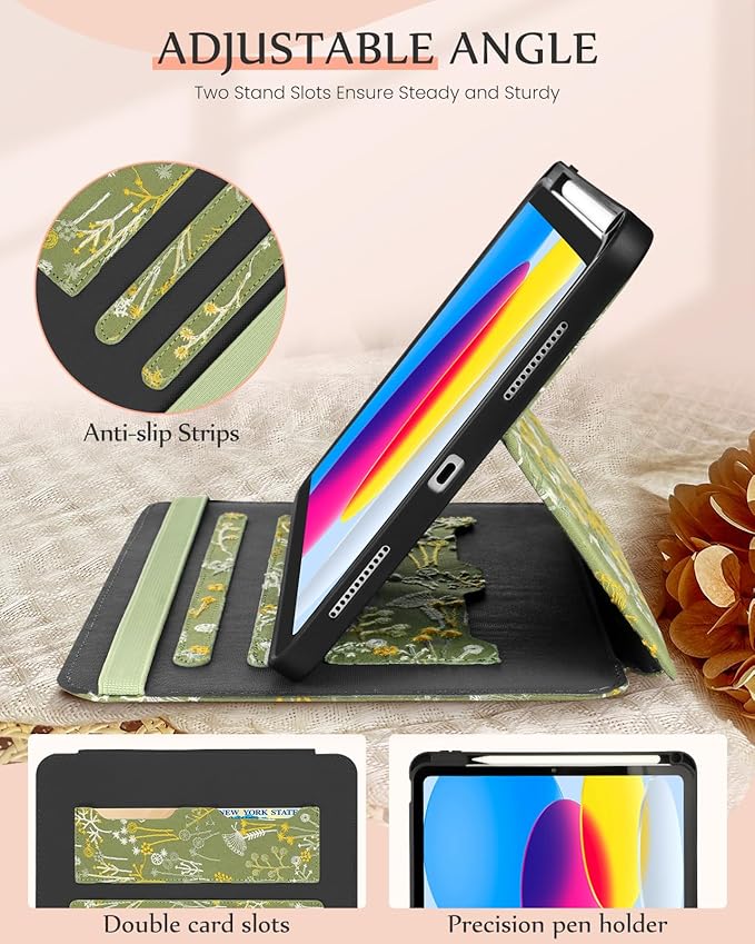 Uppuppy for iPad 10th Generation Case, for iPad (A16) 11th Generation Case - Women Girls Cute Embroidered Folio Stand Cover with Pencil Holder & Card Slot Girly Kawaii Plants Design Aesthetic Cases