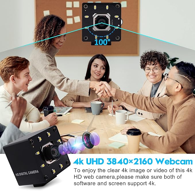 USB Camera 4K Autofocus Webcam High Resolution UHD 2160P Camera with 8pcs White LEDs,100°No Distortion Lens Webcamera with IMX415 Sensor,30fps Plug and Play Web Cam for Video Conference
