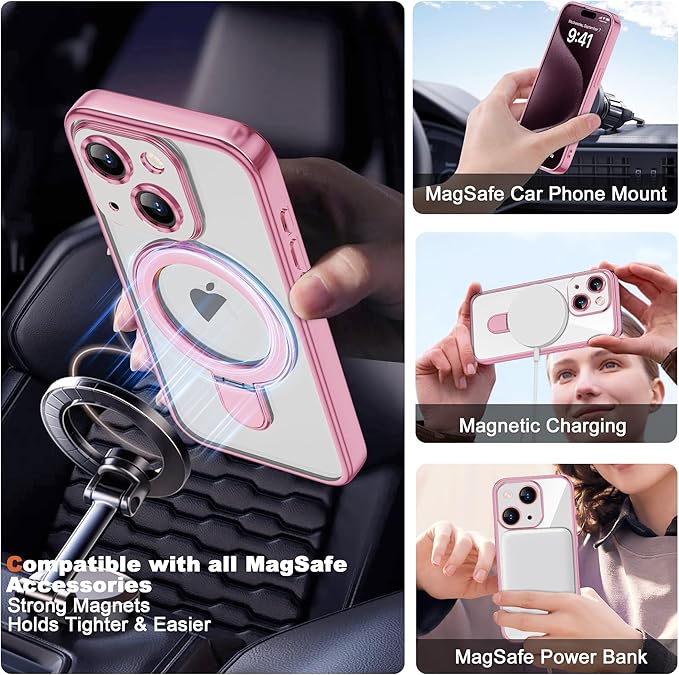 Compatible with iPhone 14 Case with Invisible Magnetic Ring Stand [Compatible with Mag-Safe] [Full Camera Lens Protector] Plating Clear Phone Case for iPhone 14 6.1", Pink