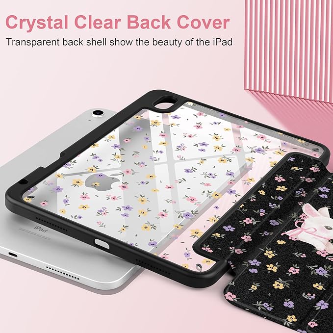 Case for iPad Air 13 inch 2026 M4 2025 M3 2024 M2 Release Slim Lightweight Shockproof Cute Printed Cover with Clear Back TPU Edge Pencil Holder Trifold Stand Auto Wake Sleep, Flowers