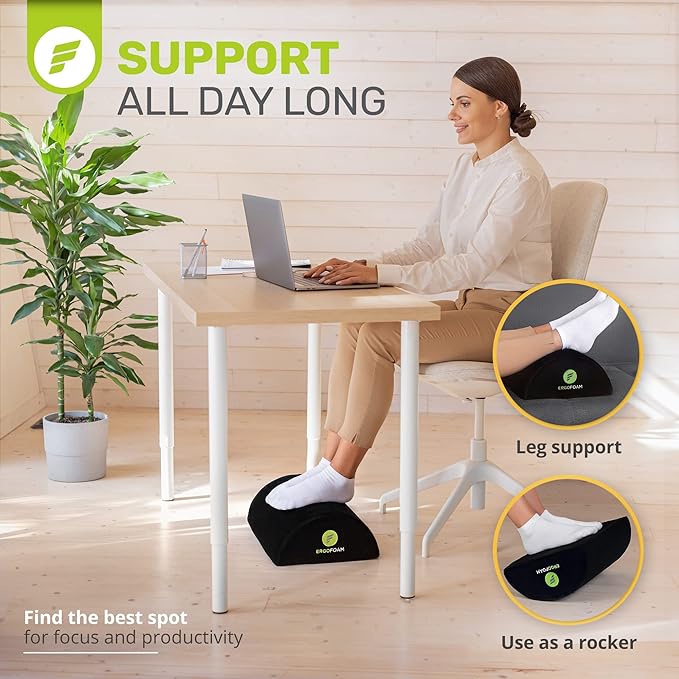 ErgoFoam Tall Foot Rest Premium Velvet Large Soft Foam Footrest for Back, Lumbar, Knee Pain | Rocker Foot Stool (Black)