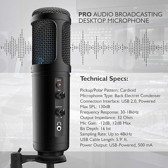 JOVIAL Pyle USB PC Recording Condenser Microphone, Portable Pro Audio Condenser Desk Mic, Blue LED, Adjustable Gain, Headphone Jack, Mute Control, Tripod Stand, for Podcast Streaming Gaming
