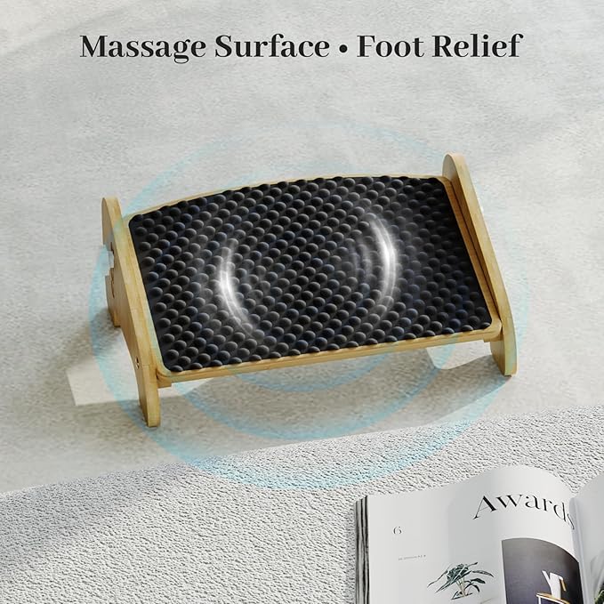Foot Rest Under Desk, Bamboo Adjustable Footrest with 4 Angles, Ergonomic Foot Stool for Under Desk at Work, Office Non-Slip Desk Foot Rest with Massage Surface, Improves Posture