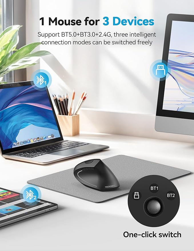 TECKNET Ergonomic Mouse Rechargeable Bluetooth - 4800 DPI Vertical Mice 6 Adjustable Levels, Wireless Optical Carpal Tunnel Mouse Right Hand, Multi Device for Laptop, PC, Computer, MacBook - Black