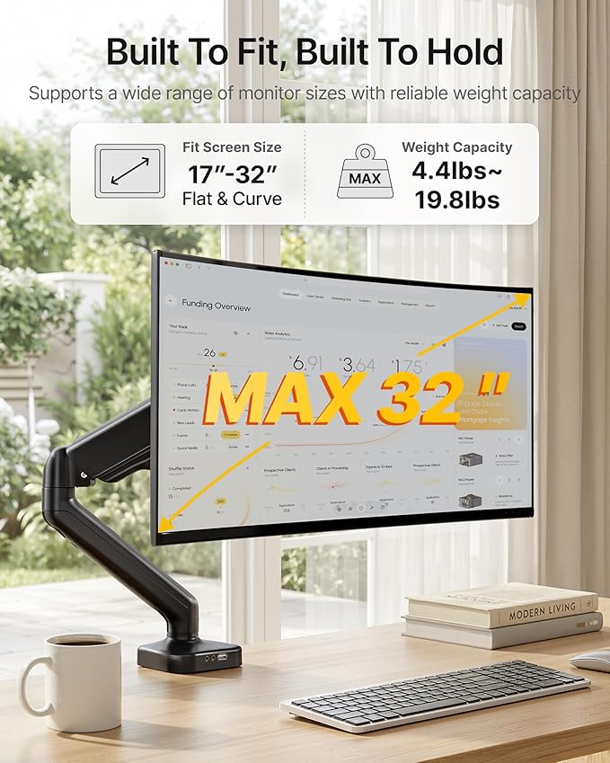 monTEK Heavy Duty Single Monitor Arm with USB/Audio Ports for 17-32” Screens, Premium Mechanical Spring Monitor Arm up to 19.8 lbs, Full Motion Monitor Desk Mount, VESA 75/100 mm, Clamp/Grommet