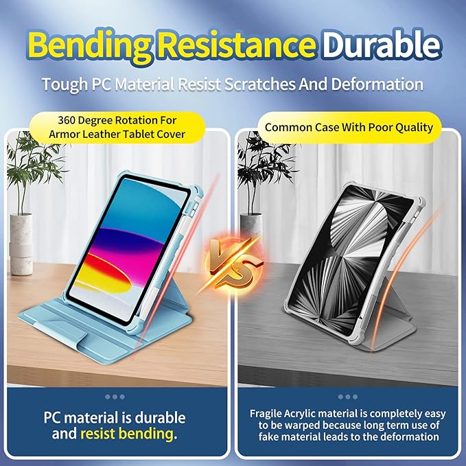 Rotating Case for iPad 11" A16 2025 / iPad 10th Generation 10.9" 2022 Smart Cover with Pencil Holder, Techcircle [Corner Protection] Hybrid TPU+PC Magnetic Flip Stand Soft Bumper Cover, Black