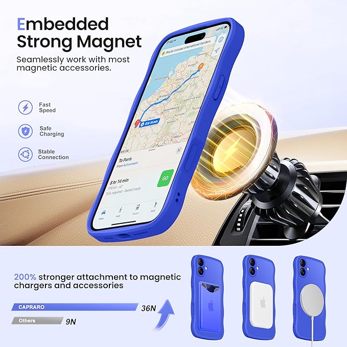 CAPRARO for iPhone 16 Case with 360° Spin Magnetic Stand for Women, [Compatible with MagSafe] [Full Camera Protection] Cute Wave Translucent Matte Case for iPhone 16, Ultramarine