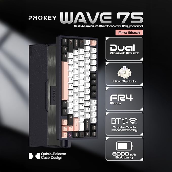 KEEBMONKEY PMOKEY Wave 75 CNC Aluminum Quick Release Tri-Mode Wireless Gaming Keyboard,QMK/VIA Tri-Mode Mechanical Keyboard with 8000mAh Battery,Hot-Swappable with RGB for Windows/Mac/PC (Pro Black)