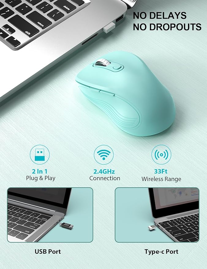 Trueque Wireless Mouse for Laptop, 2.4GHz Ergonomic Computer Mouse with Back & Forward Buttons, 3 Adjustable DPI Levels, 6 Buttons, Optical USB Cordless Mice for Windows PC, M01 (Mint Green)