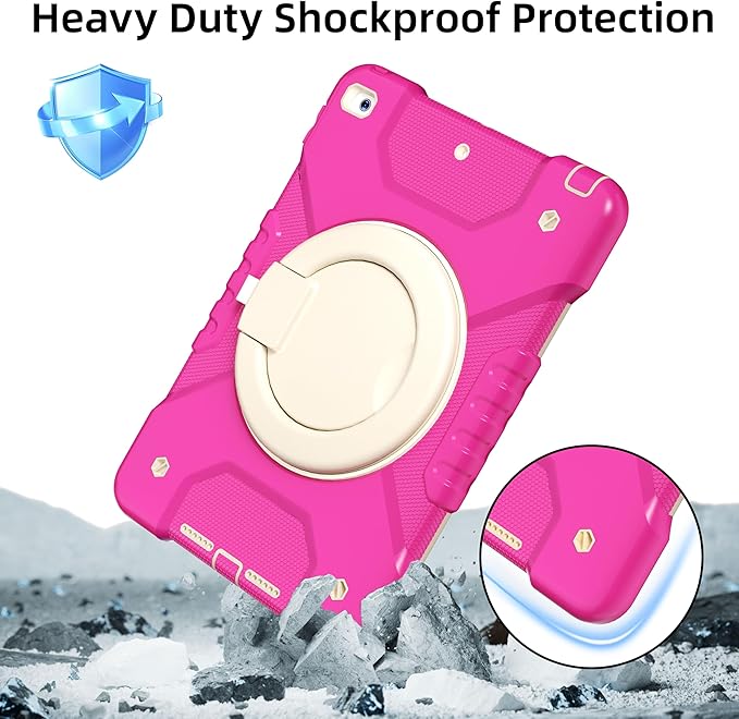 Andnary Case for iPad 9th/8th/7th Generation 10.2 inch, Shockproof Cover with Screen Protector/360° Rotating Handle/Bracket/Pen Holder/Shoulder Strap, Kid Case for iPad 2021/2020/2019 (Rose Red+White)