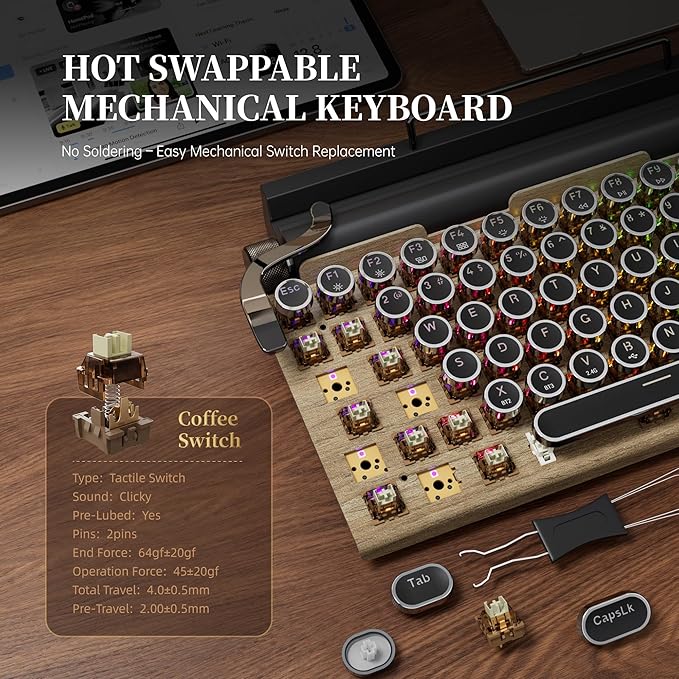 7KEYS Typewriter Keyboard Wireless Retro Style, Vintage Classical Mechanical Keyboard with Bluetooth for IPAD PC/Laptop Mac/Phone (Wood+Wrist)