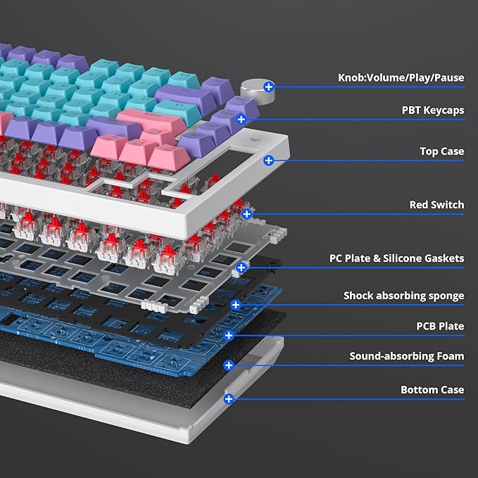 Owpkeenthy 75% Gasket Mounted Mechanical Gaming Keyboard Hot Swappable, Wired 82 Keys Knob RGB Keyboard with Red Switch PBT Keycaps for Win MAC (Joker)