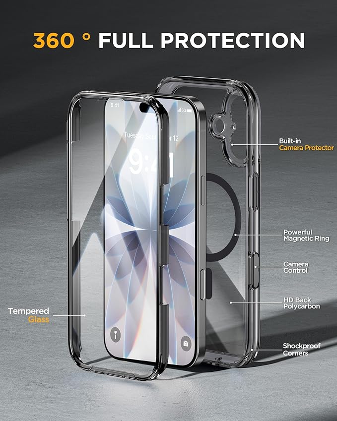 Miracase for iPhone 17 Case 6.3'', Full-Body Bumper Military Drop Protection Outdoor Phone case with Built-in Glass Screen &Camera Control,Easy Installation,No Gap,Compatible with MagSafe,Clear Black