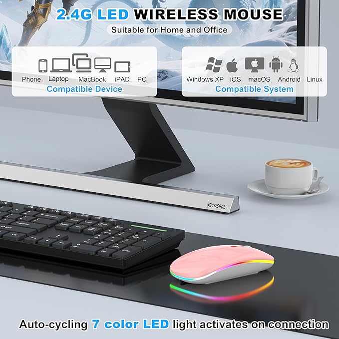 LED Bluetooth Wireless Mouse for MacBook Air/Pro, Laptop, iPad – Rechargeable Silent Light-Up Slim Mouse, Optical Dual Mode BT5.2 & USB-A/USB-C – for Students, Kids, Girls, Boys – Baby Pink