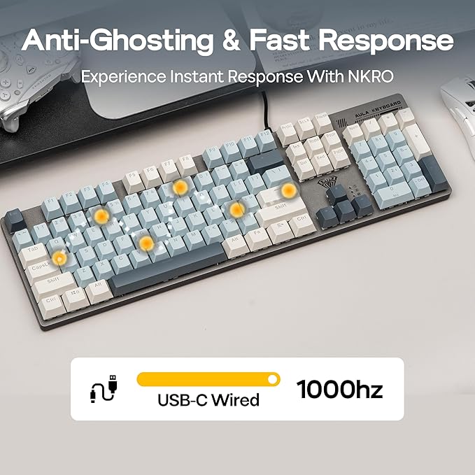 MechLands Aula S500 Wired Gaming Keyboard, 100% Full Size Mechanical Keyboard with Number Pad, 104 Keys, NKRO, RGB Backlits, Shine Through Keycaps, Ergonomic for PC E-Sports (Black&Blue, Blue Switch)