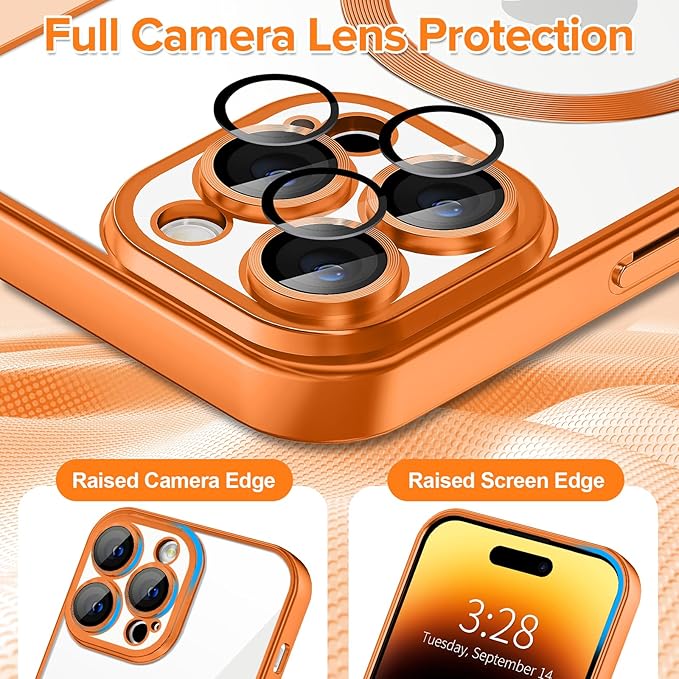 Hython Magnetic Clear for iPhone 14 Pro Max Case with Camera Lens Protector [Compatible with MagSafe] Plating Edge Slim Soft TPU Cover Protective Phone Case for iPhone 14 Pro Max 6.7", Matte Orange