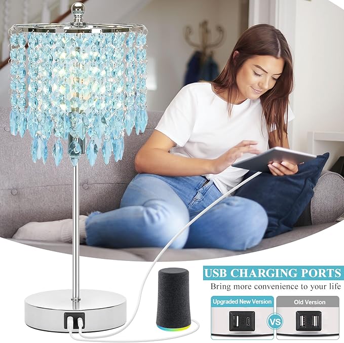 Crystal Table Lamp with Touch Control and Dual USB Ports - 3-Way Dimmable Bedside Light with Teal Lamps Shade for Living Room Bedroom, Elegant Home Decor - LED Bulb Included