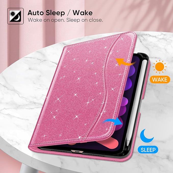Fintie Folio Case for iPad Mini 7 (A17 Pro, 7th Generation) 2024 / iPad Mini 6 (6th Gen) 8.3 Inch, Multi-Angle Smart Stand Cover with Pencil Holder & Pocket, Auto Sleep/Wake, Glittering Pink