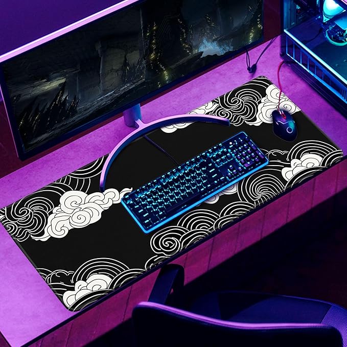 Black and White Anime Clouds XL Mouse Pad - Desk Gaming Mat with Stitched Edges, Non-Slip, 31.5x11.8 in